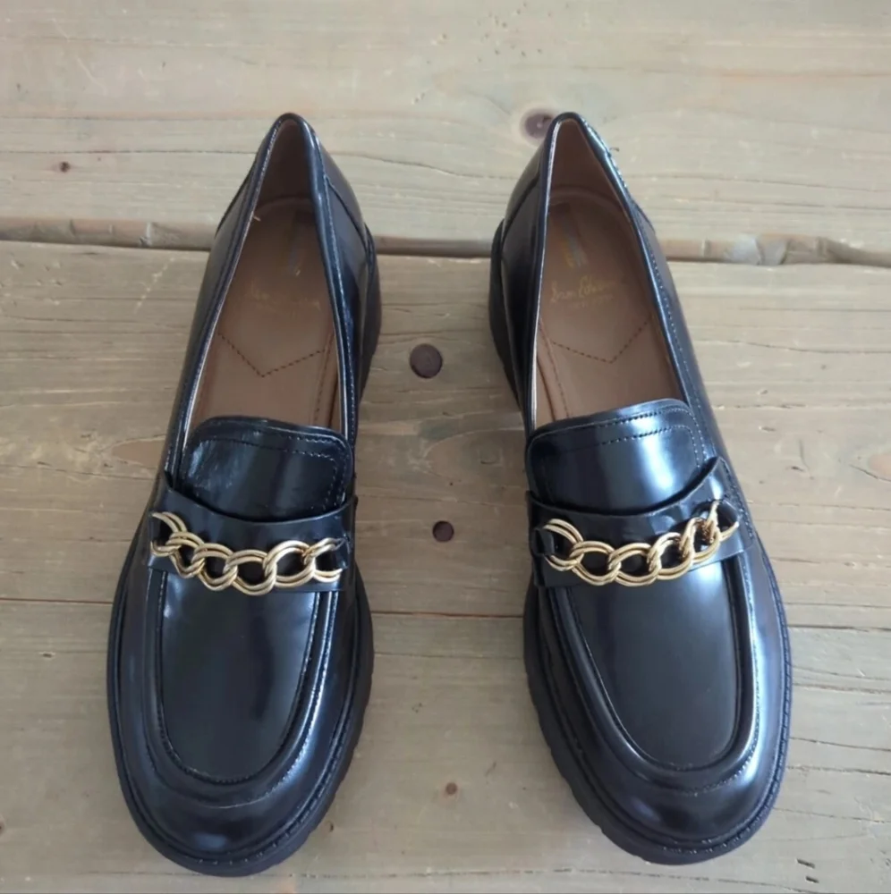 Sam Edelman Taelor Lug Sole Loafer Gold Chain Detail Chunky Glossy Black 9 New